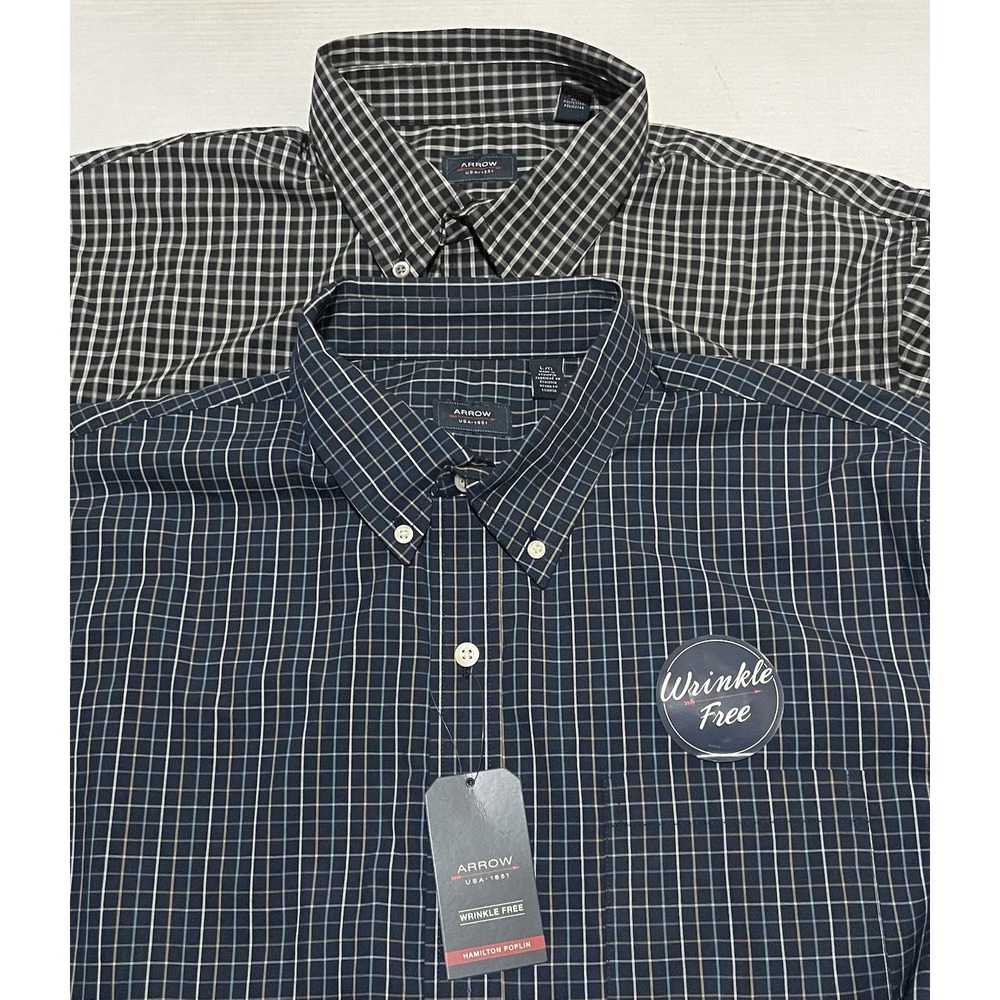 Lot Of 2 Arrow Wrinkle Free Dress Shirt Mens Size Large Plaid Hamilton Poplin